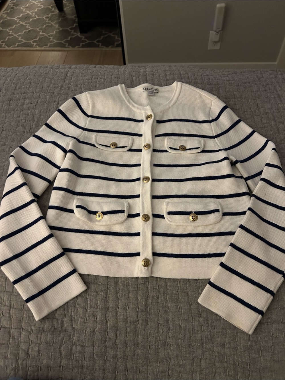 J. Crew Girls Crewcuts Navy and Ivory striped sweater jacket